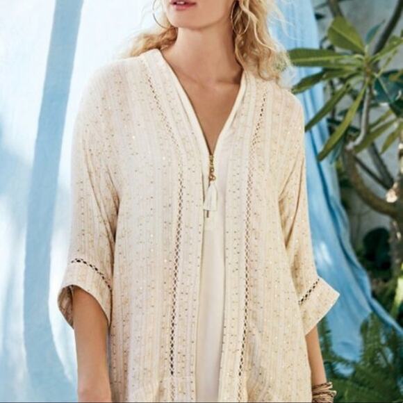 NWT Soft Surroundings Cream Sequin Glamour Kimono Cardigan Medium Bohemian - Picture 2 of 12